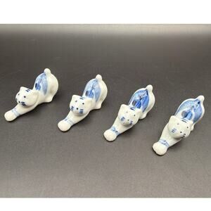 Kotobuki Blue White Ceramic Cat Chopstick Rests Set of 4 Japan Hashioki